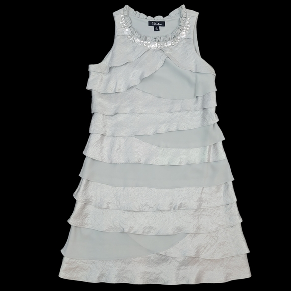 S. L. Fashions Shiny Silver and Grey Tiered Beaded Cocktail Dress Size 12 - Picture 2 of 5